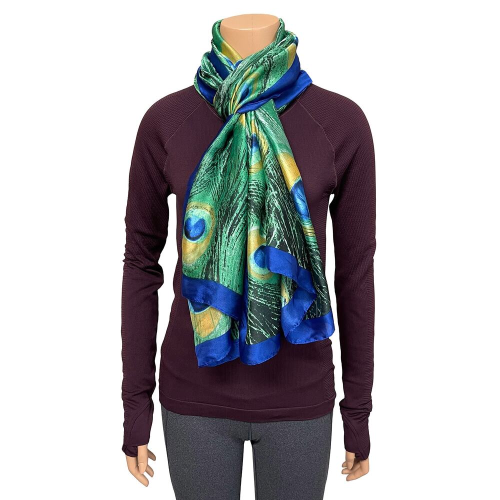 Peacock Silk Scarf 36” x 70” Large Rectangle Blue Green Yellow